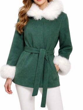 Emerald Green Wool Coat with Real White Fox Fur Trim Size Small